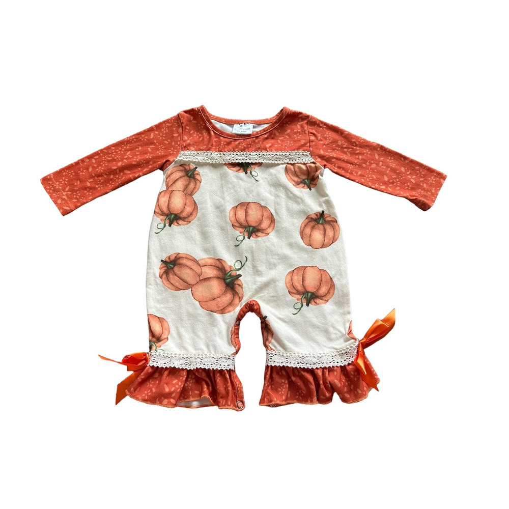 Babies 0-3 Months Long Sleeve Crew Neck Orange and Tan Pumpkin Ruffle Romper